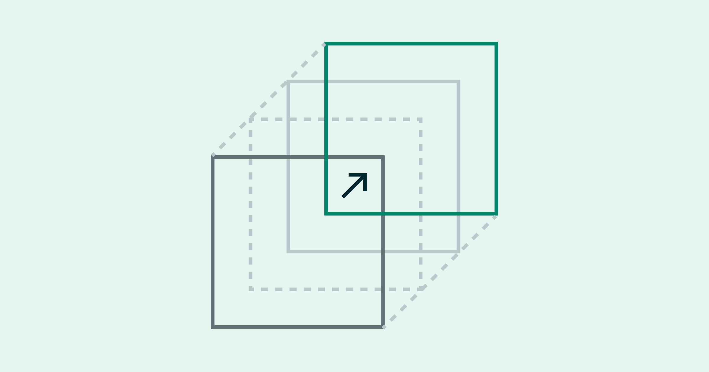 An illustration of four sequential squares moving in a top right manner, overlapped, with an arrow in the middle to designate